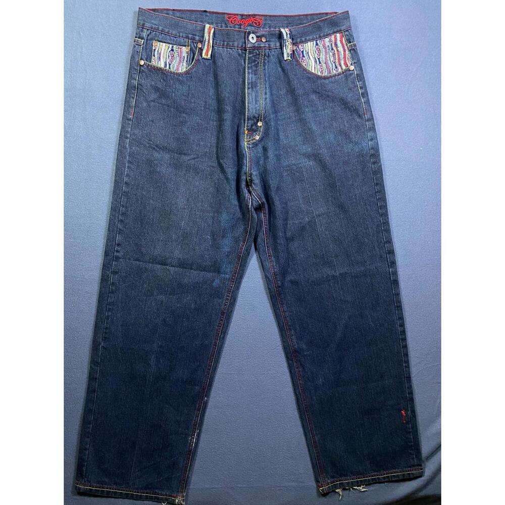 Vintage Coogi Jeans Mens Baggy Wide Leg Skater 90s Knitted Embroidered Sz 41x34
